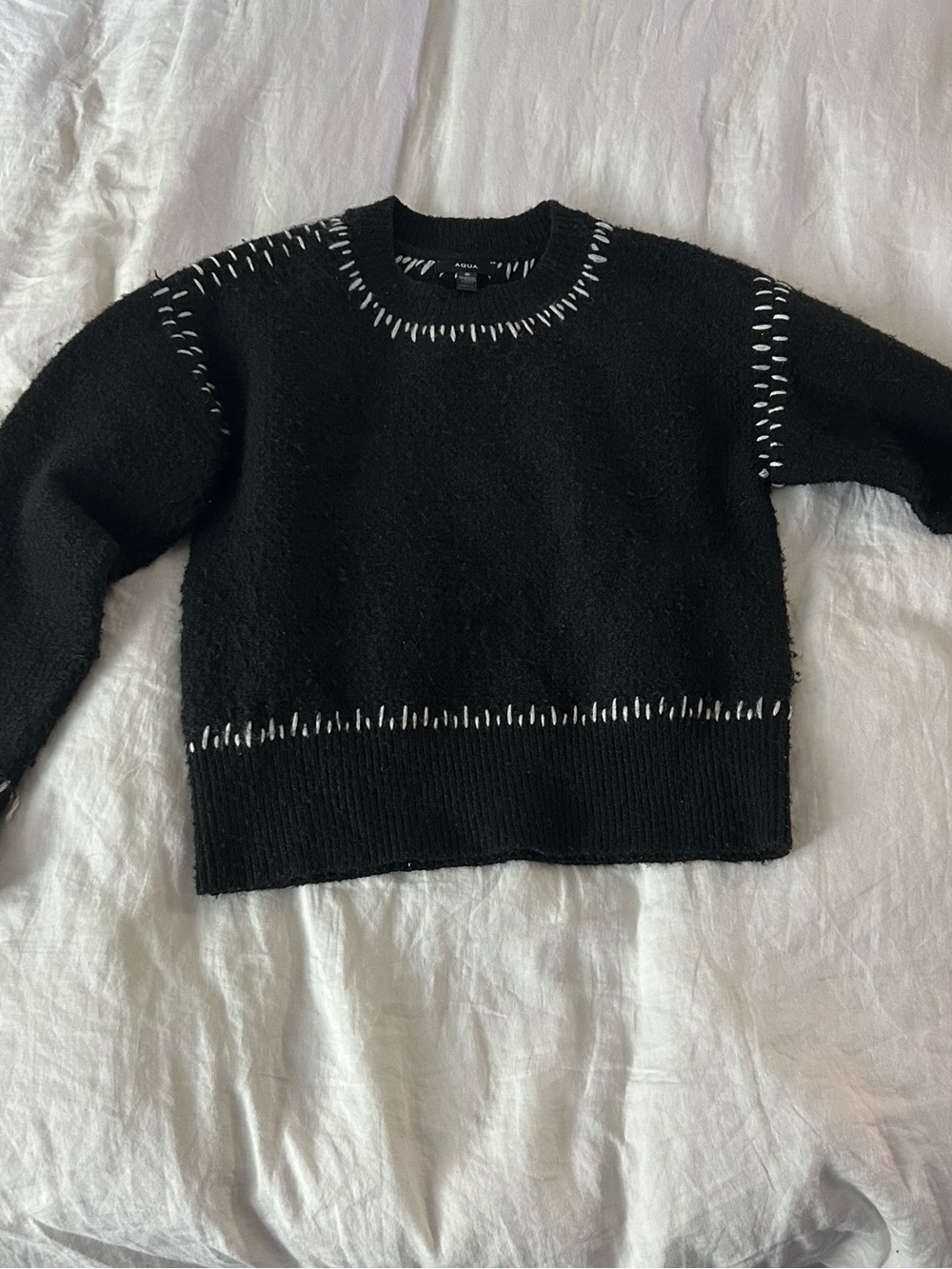 Aqua Black Crewneck Sweater with Contrast Stitching